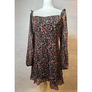 Lush Black Floral‎ Print Ruffle Dress Medium Y2K